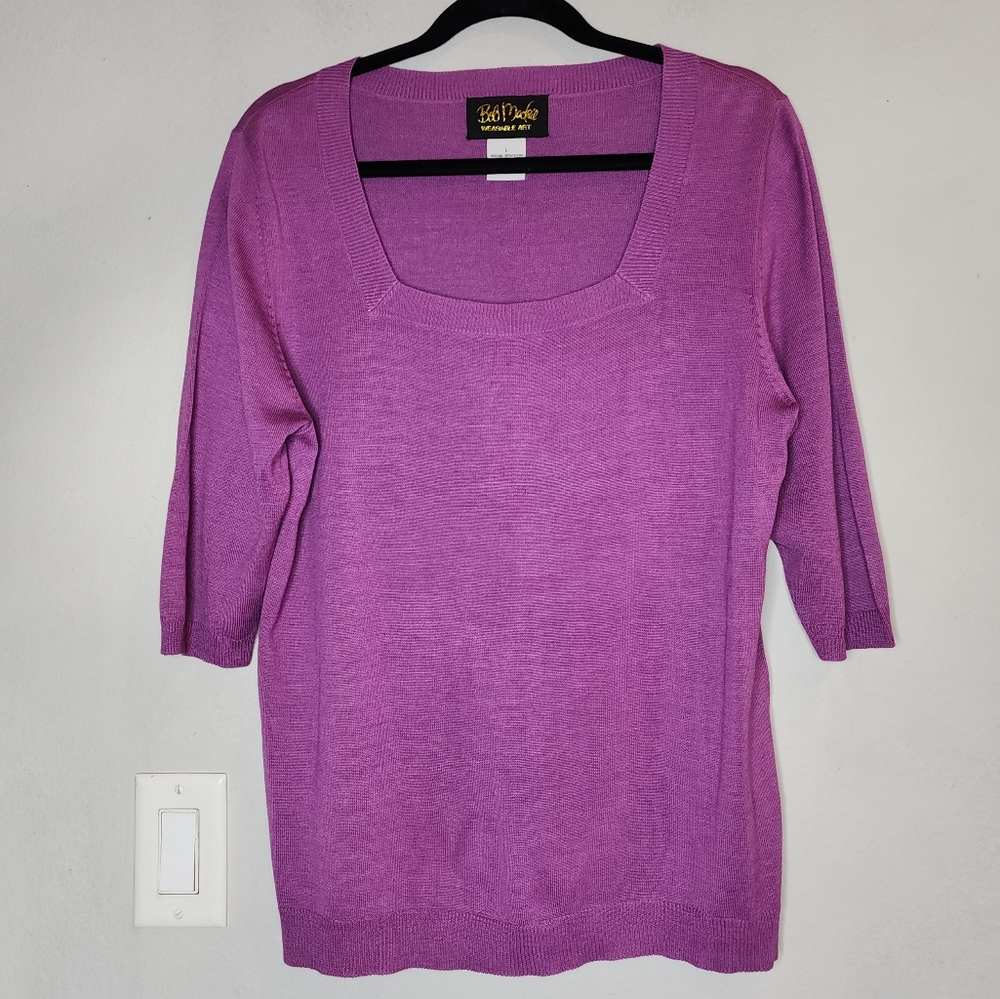 Bob Mackie Silk Cotton Blend Purple Lightweight Knit Sweater Half Sleeves Large